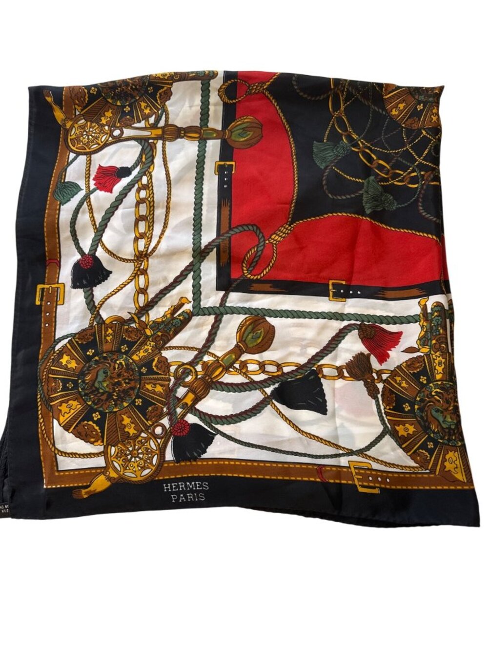 Hermès Paris 100% Silk Scarf With Chain & Tassel Design In Red Black & Gold Tone - Picture 2 of 6